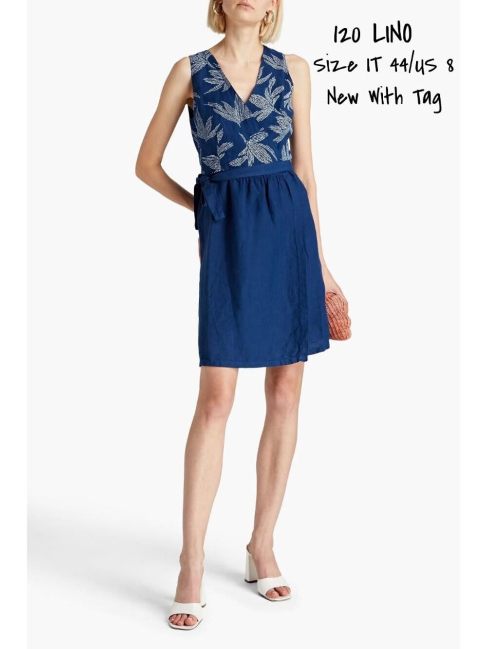 120% Lino Floral Navy Linen Wrap Dress for Women, Size 44 EUR (8 US), New